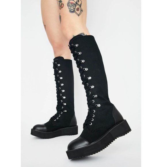 Dolls Kill Shoes - Killstar Despair Knee High Black Combat Boots, Vegan Leather, Size 10
